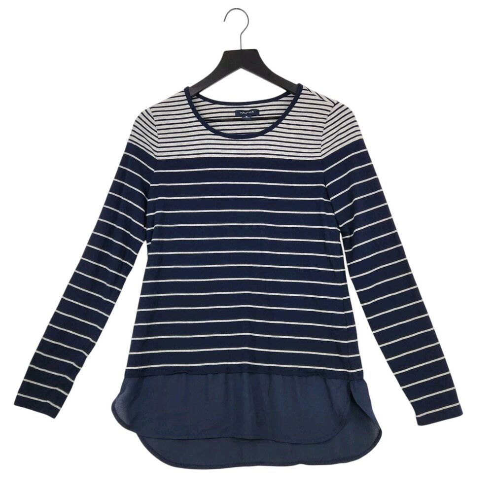 Nautica Women's Navy Striped Pullover Tunic Top Medium Faux Layered Shirt Hem